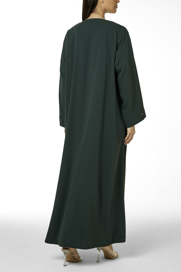 Green Zoe Crepe, Front and Sleeve Beadwork Detail
