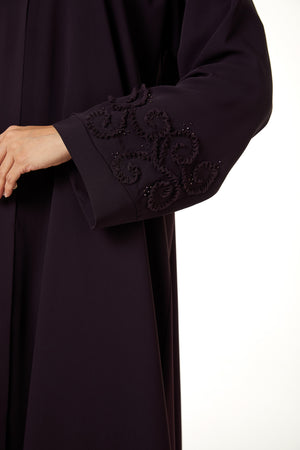 Purple Atlas Crepe, Beadwork Pintuck Detail