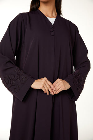 Purple Atlas Crepe, Beadwork Pintuck Detail