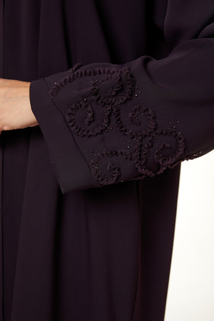 Purple Atlas Crepe, Beadwork Pintuck Detail