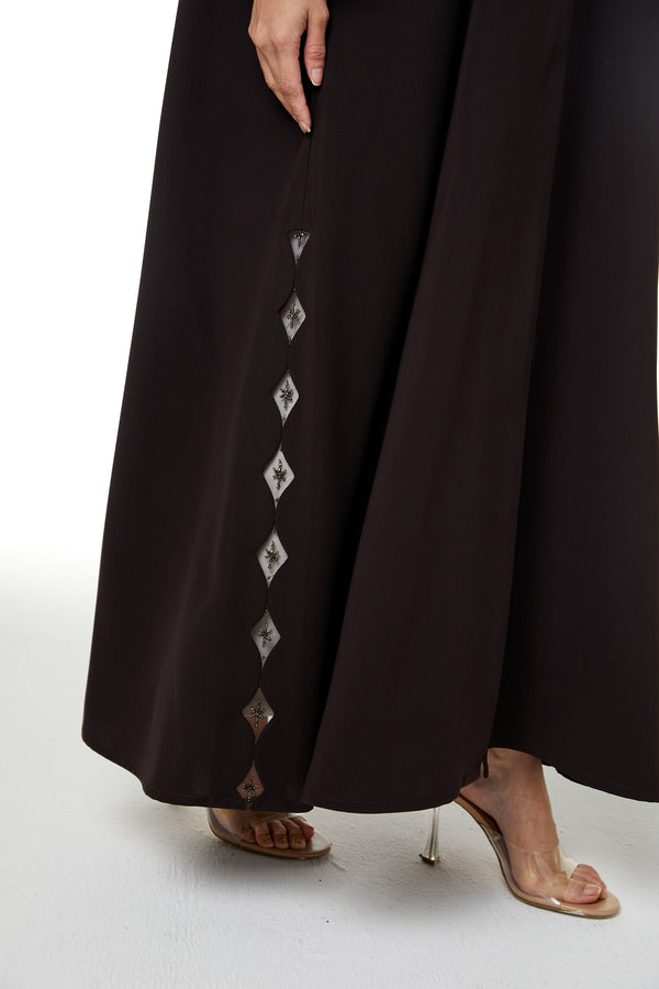 Brown Wave Crepe, Sleeve and Side Beadwork Detail