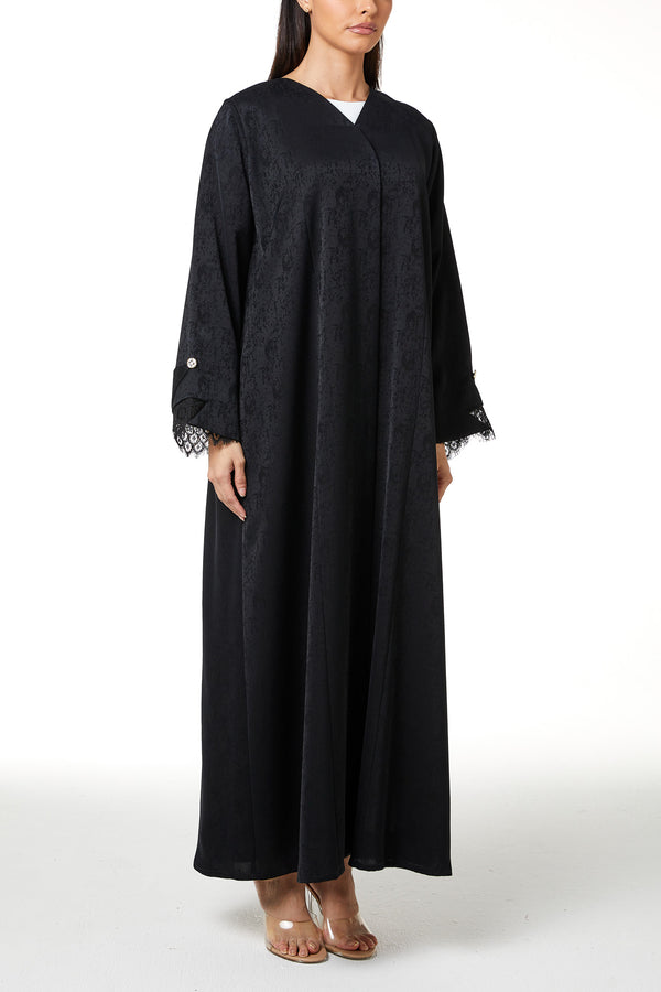 Black zeta jaquard Abaya featuring a soft woven feel