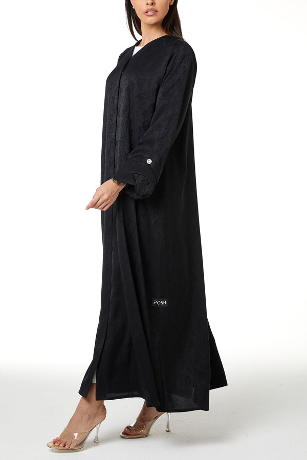 Black zeta jaquard Abaya featuring a soft woven feel