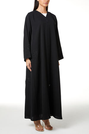 Black farasha crepe Custom Abaya, Front Beadwork Pintuck Detail