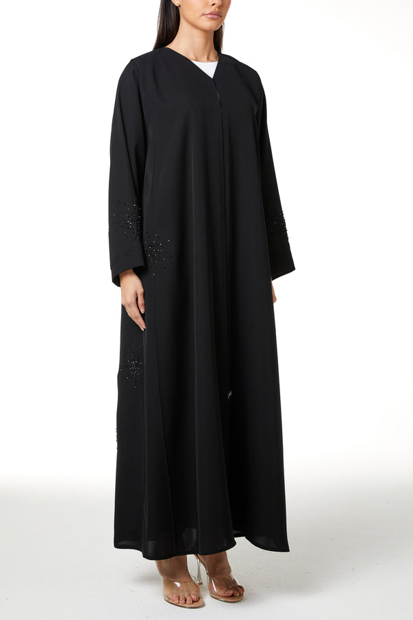 Black farasha crepe Custom Abaya, Front Beadwork Pintuck Detail