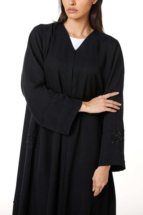 Black farasha crepe Custom Abaya, Front Beadwork Pintuck Detail