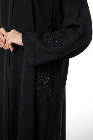 Black farasha crepe Custom Abaya, Front Beadwork Pintuck Detail