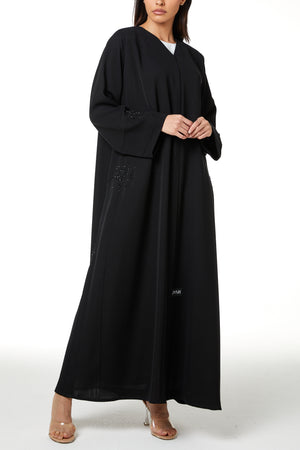Black farasha crepe Custom Abaya, Front Beadwork Pintuck Detail