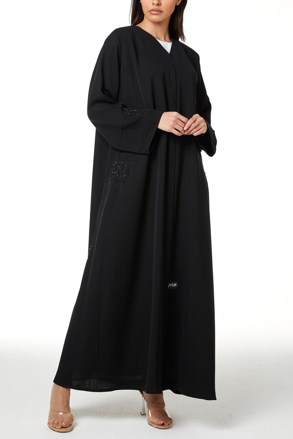 Black farasha crepe Custom Abaya, Front Beadwork Pintuck Detail