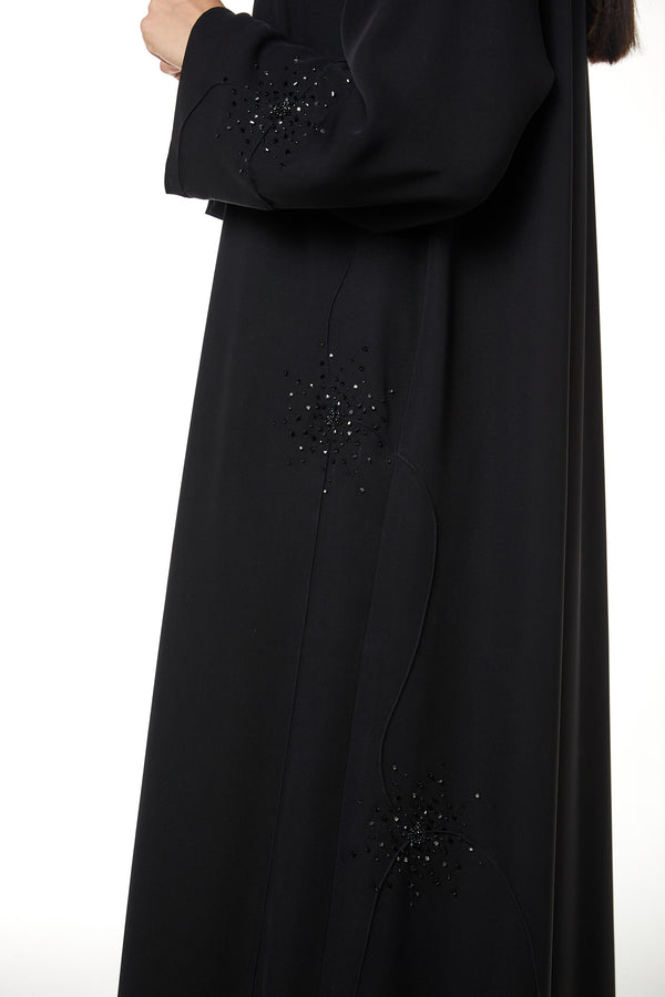 Black farasha crepe Custom Abaya, Front Beadwork Pintuck Detail