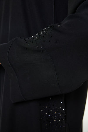 Black farasha crepe Custom Abaya, Front Beadwork Pintuck Detail
