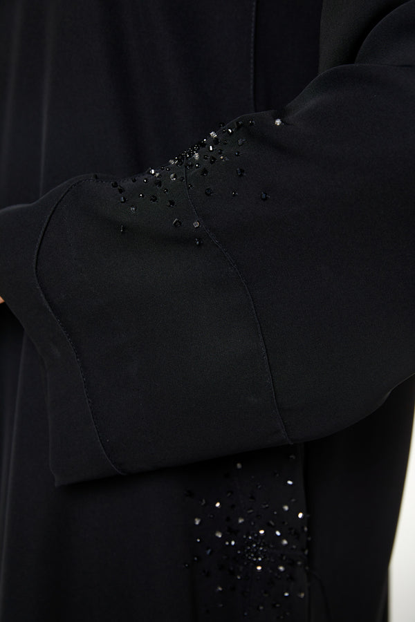 Black farasha crepe Custom Abaya, Front Beadwork Pintuck Detail