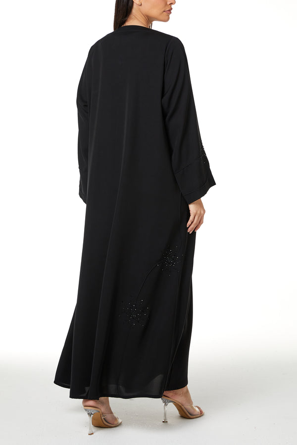 Black farasha crepe Custom Abaya, Front Beadwork Pintuck Detail