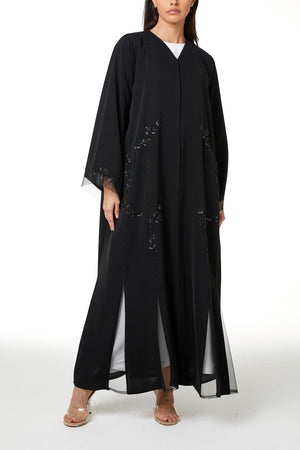 Black Royal Nada Abaya, Front and Side Beadwork Lines