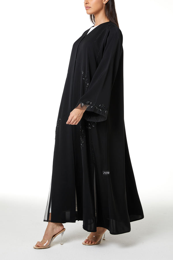 Black Royal Nada Abaya, Front and Side Beadwork Lines