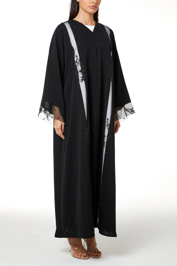 Black Royal Nada Custom Abaya, Front Panel Beadwork