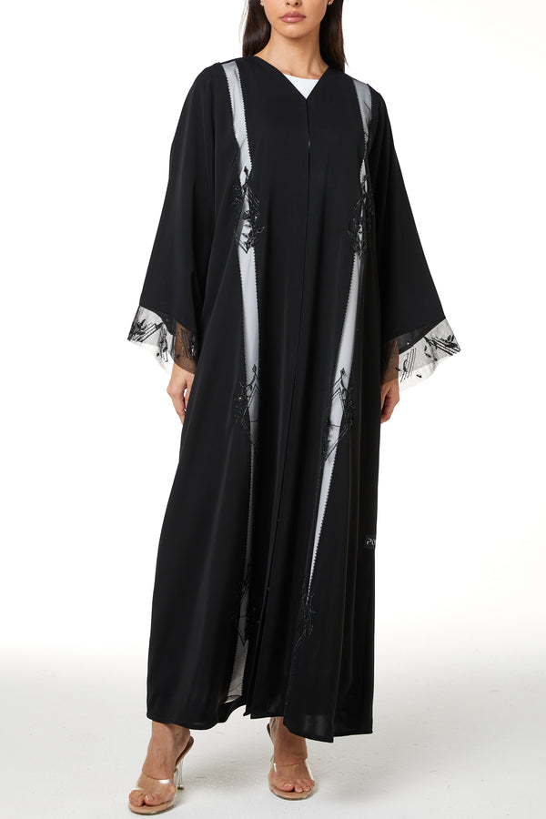 Black Royal Nada Custom Abaya, Front Panel Beadwork