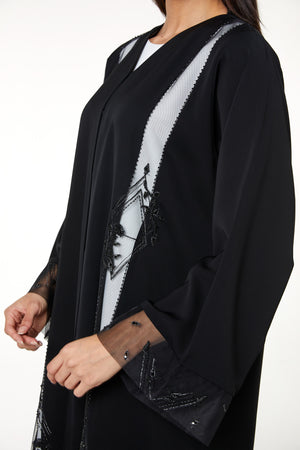 Black Royal Nada Custom Abaya, Front Panel Beadwork