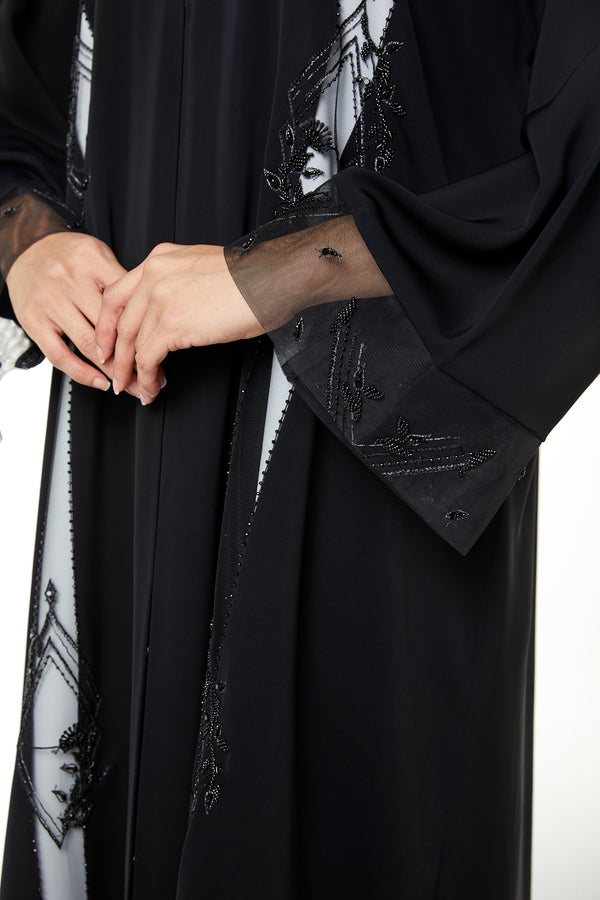 Black Royal Nada Custom Abaya, Front Panel Beadwork