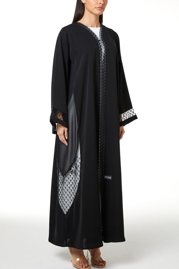 Black Royal Nada Abaya, Front and Sleeve Beadwork Detail