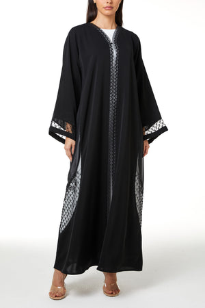 Black Royal Nada Abaya, Front and Sleeve Beadwork Detail