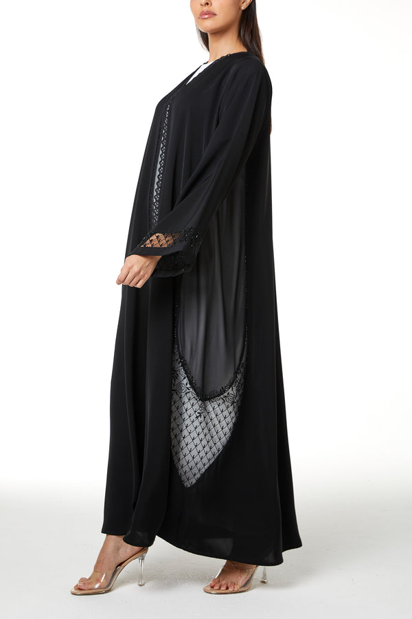 Black Royal Nada Abaya, Front and Sleeve Beadwork Detail