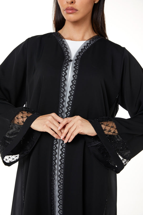 Black Royal Nada Custom Abaya, Front and Sleeve Beadwork