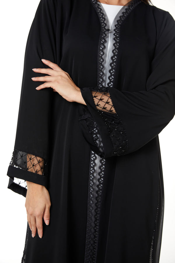 Black Royal Nada Abaya, Front and Sleeve Beadwork Detail