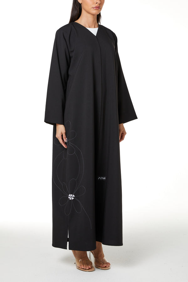 Black kadi Crepe, Side Tatreez Embroidery Detail