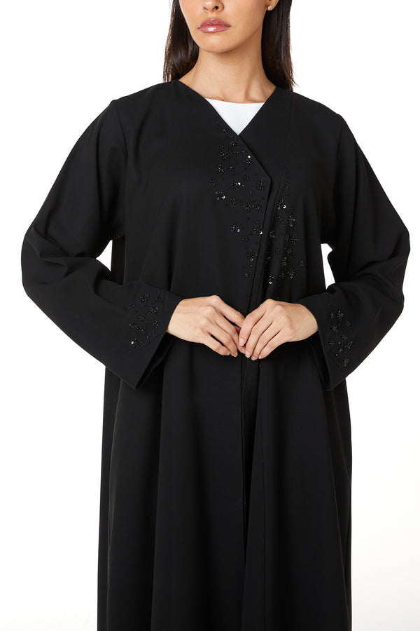 Black Nova Crepe, Front and Sleeve Beadwork Detail
