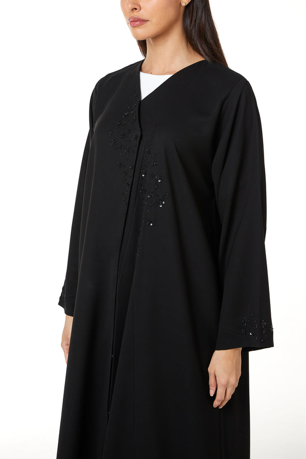 Black Nova Crepe, Front and Sleeve Beadwork Detail