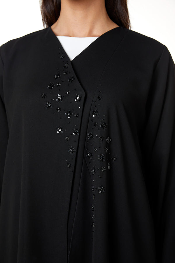 Black Nova Crepe, Front and Sleeve Beadwork Detail