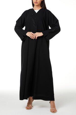 Black Aries Crepe, Front and Sleeve Beadwork Detail