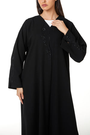 Black Aries Crepe Custom Abaya, Front and Sleeve Beadwork Detail