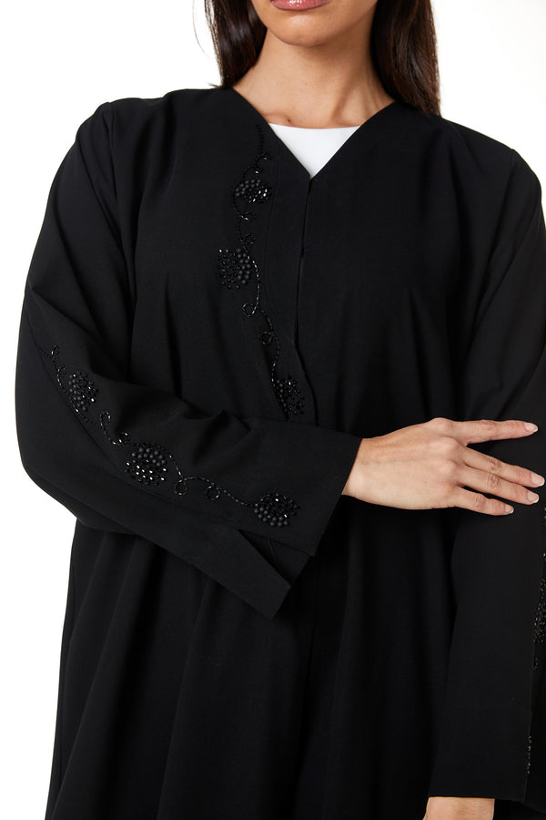 Black Aries Crepe, Front and Sleeve Beadwork Detail