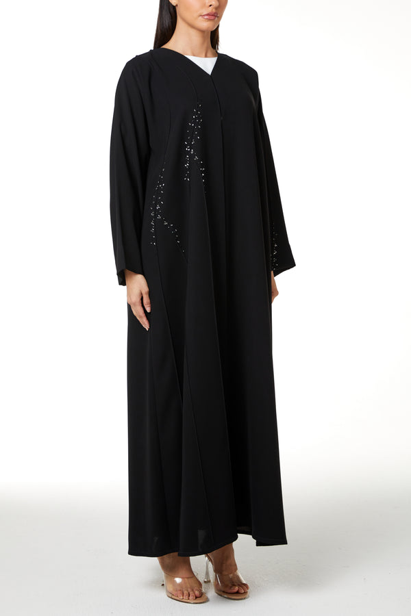 Black jaime crepe Custom Abaya, Front Beadwork Pintuck Detail