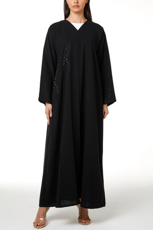 Black jaime crepe Custom Abaya, Front Beadwork Pintuck Detail