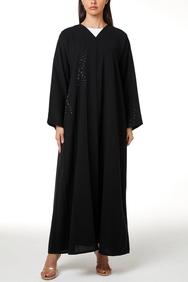 Black jaime crepe Custom Abaya, Front Beadwork Pintuck Detail