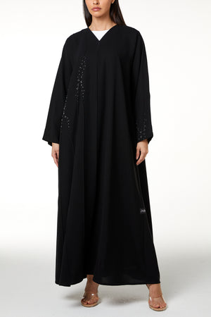 Black jaime crepe Custom Abaya, Front Beadwork Pintuck Detail