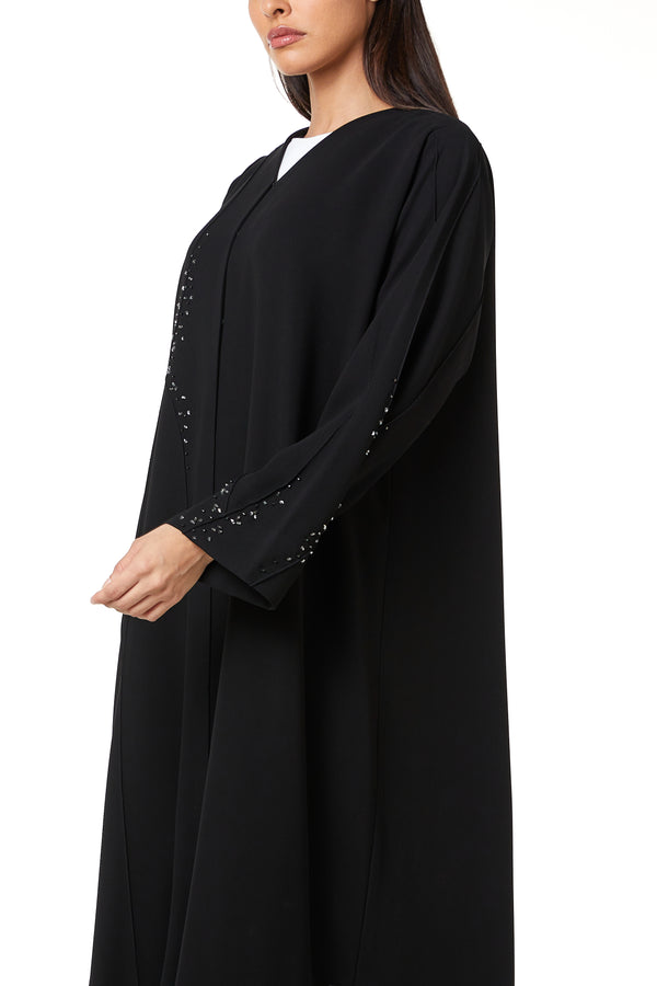 Black jaime crepe Custom Abaya, Front Beadwork Pintuck Detail