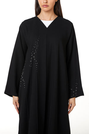 Black jaime crepe Custom Abaya, Front Beadwork Pintuck Detail
