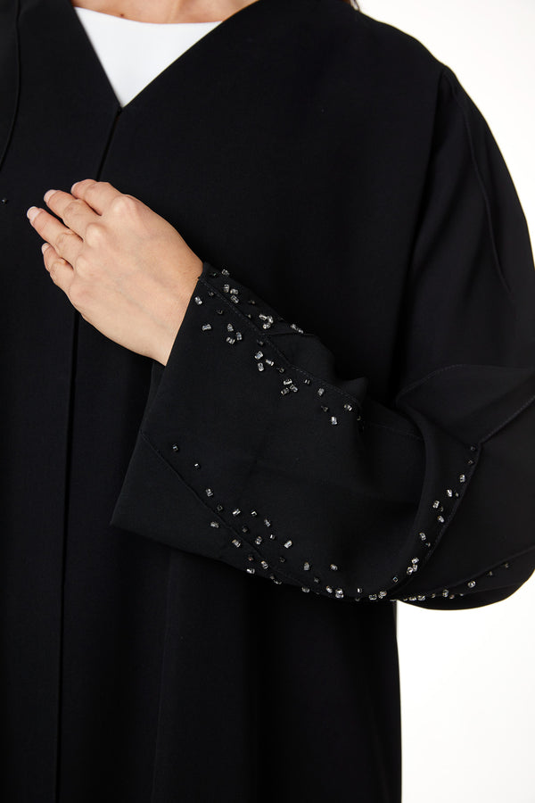 Black jaime crepe Custom Abaya, Front Beadwork Pintuck Detail