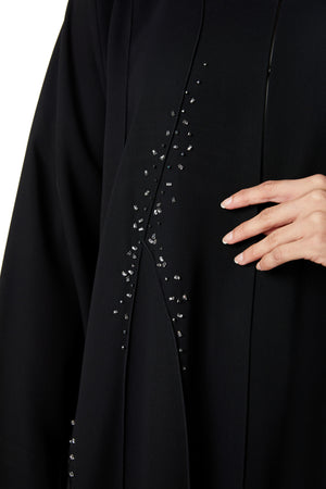 Black jaime crepe Custom Abaya, Front Beadwork Pintuck Detail