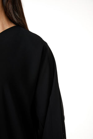 Black jaime crepe Custom Abaya, Front Beadwork Pintuck Detail