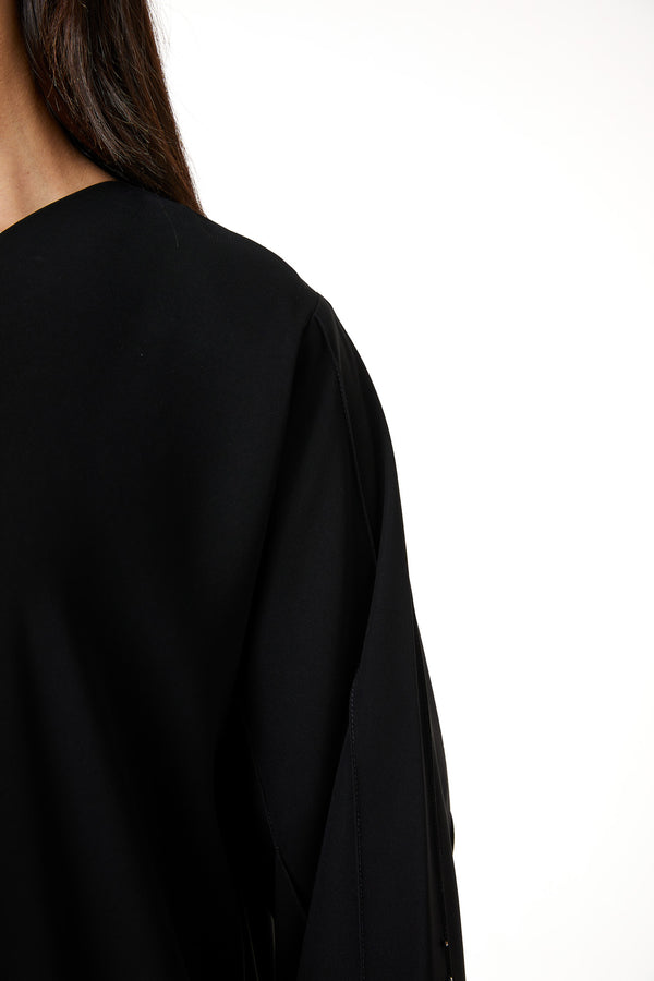 Black jaime crepe Custom Abaya, Front Beadwork Pintuck Detail