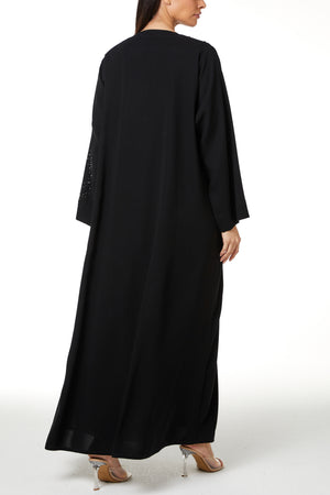 Black jaime crepe Custom Abaya, Front Beadwork Pintuck Detail