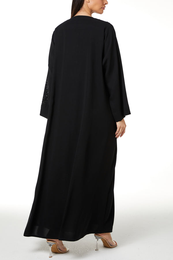 Black jaime crepe Custom Abaya, Front Beadwork Pintuck Detail