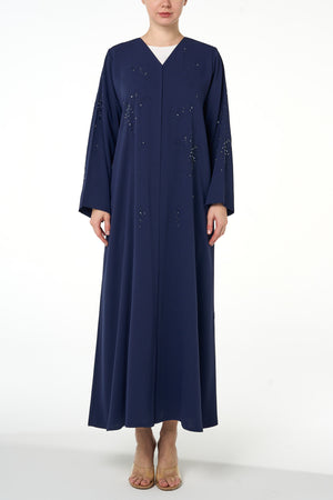 Blue Atlas Crepe Abaya, Front Beadwork