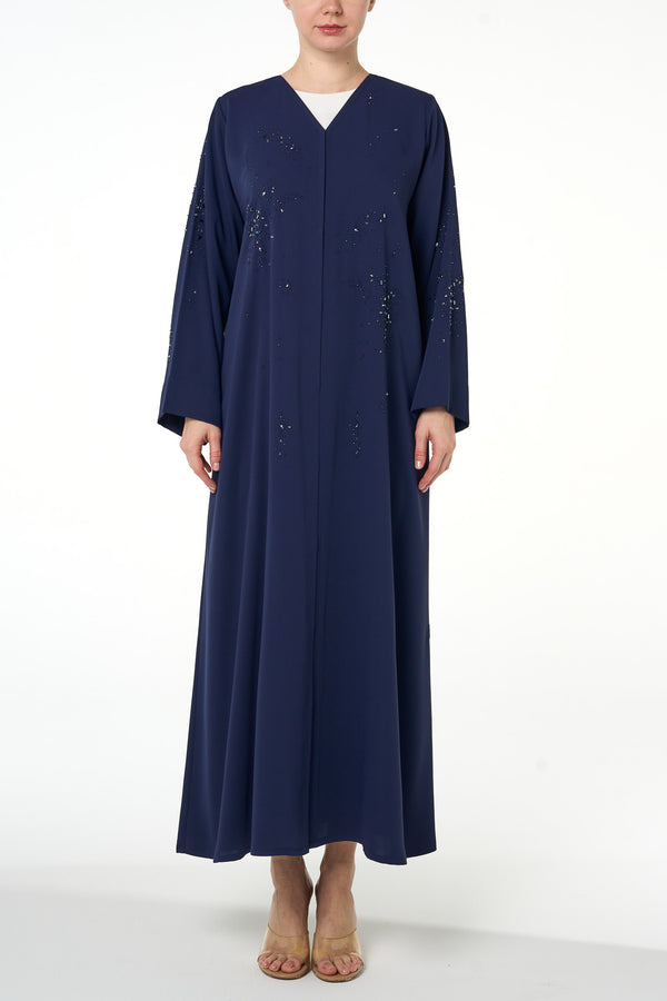 Blue Atlas Crepe Abaya, Front Beadwork