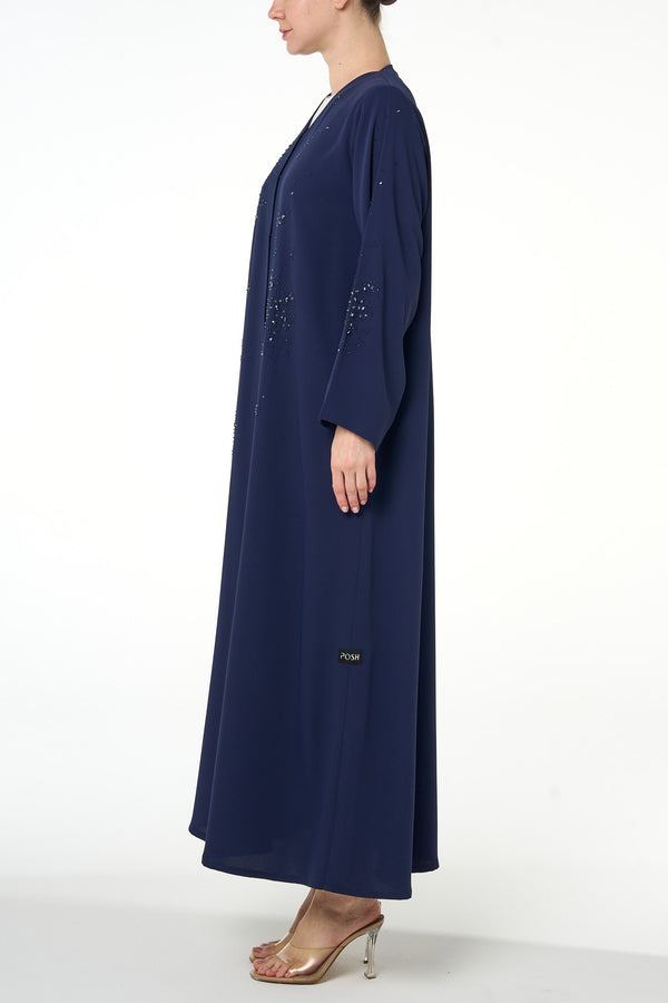 Blue Atlas Crepe Abaya, Front Beadwork